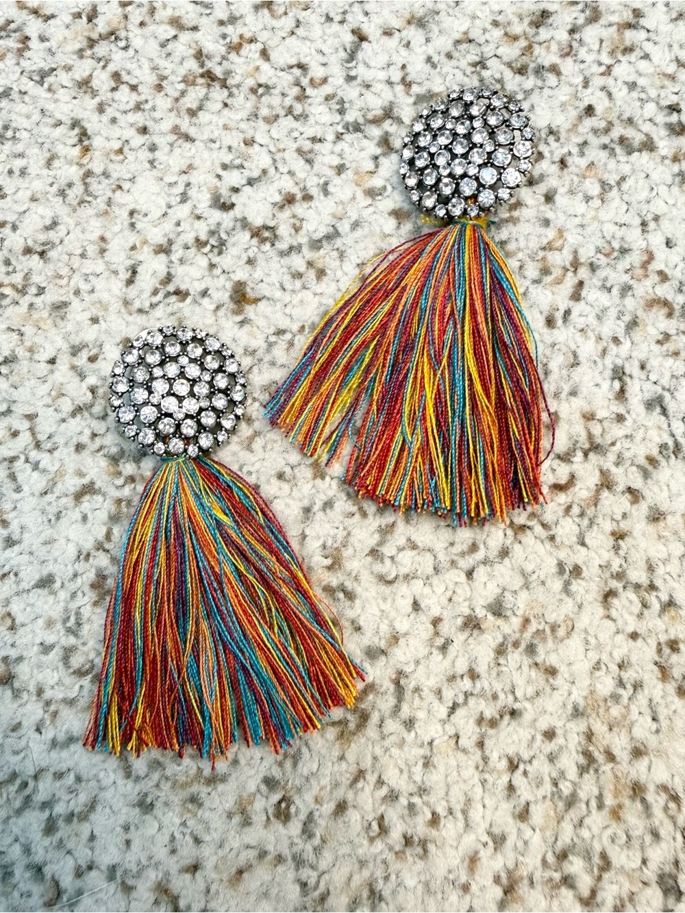 Boutique Rhinestone Button Multicolor Tassel Statement Earrings